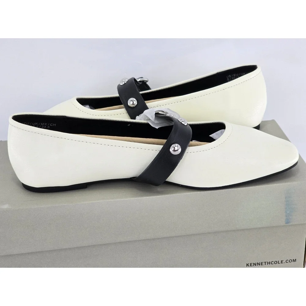 Kenneth Cole Reaction Maxi Flats Womens 8 Ecru Black Studded Mary Jane - New